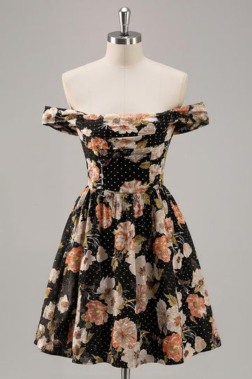 Black Floral A Line Off The Shoulder Mini Homecoming Dress with Beading